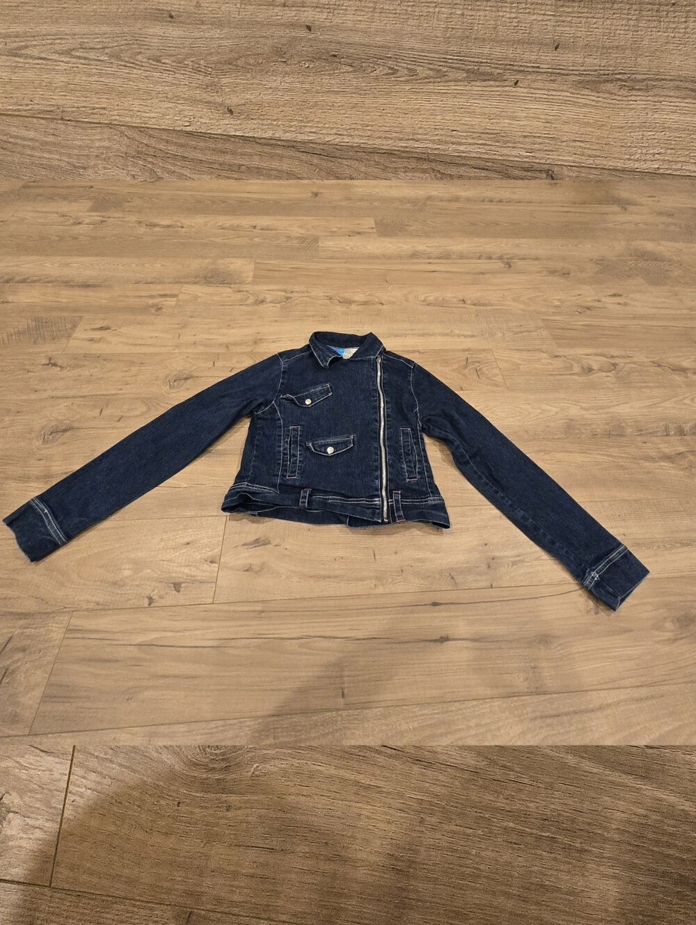 Y2K Retro Girls Dark Denim Wash Zip Up Jean Jacket Size 14/16